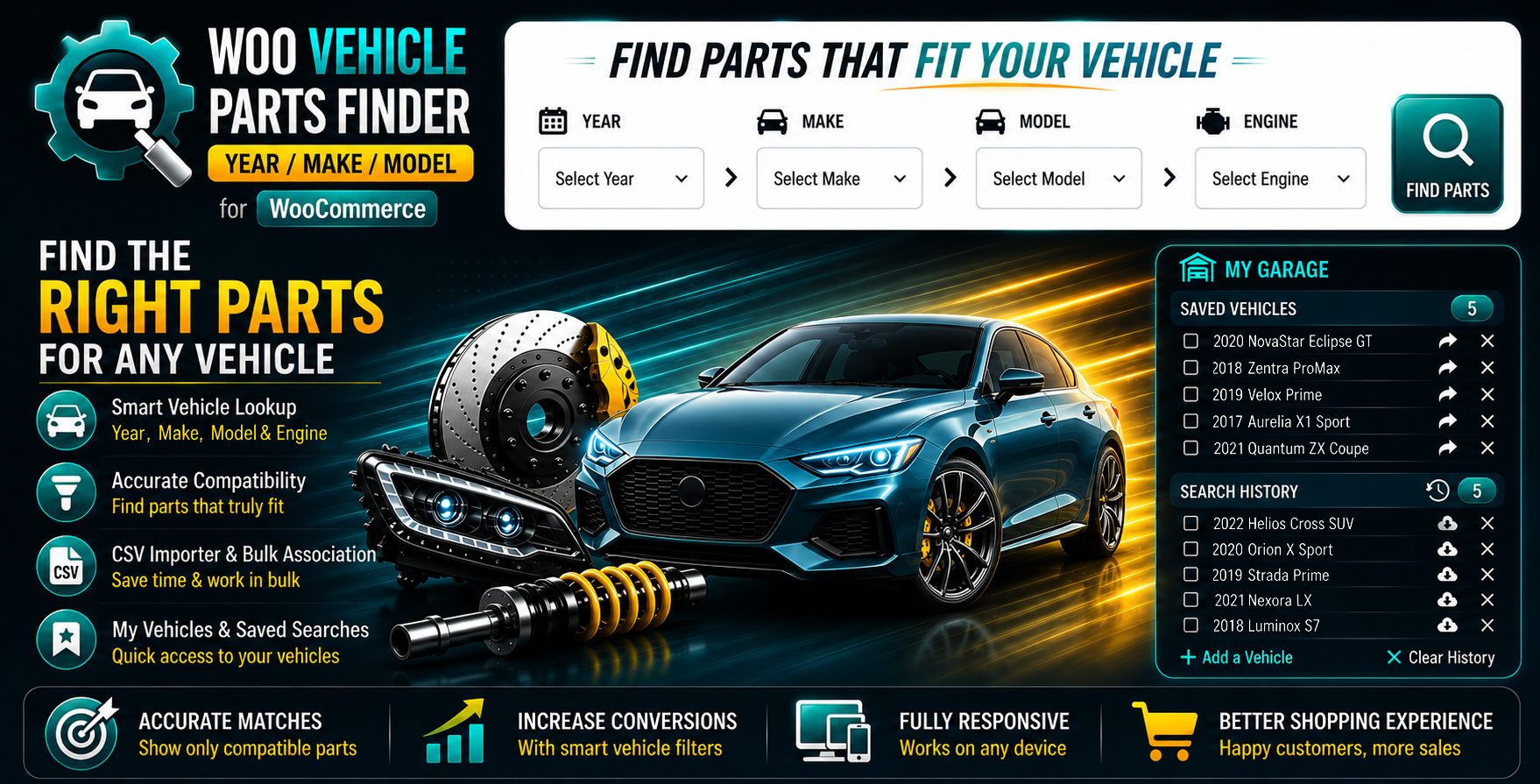 The vehicle search form with year, make, model and engine dropdowns, alongside a saved vehicles panel