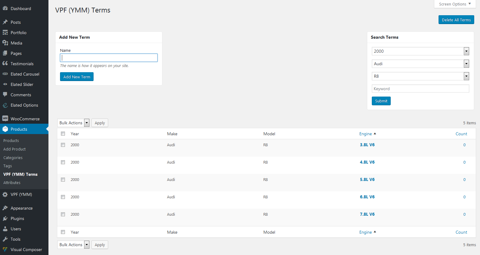 The VPF (YMM) Terms admin screen listing years, makes, models and engines with a search panel