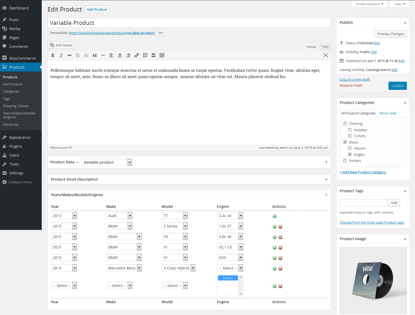 A product edit screen with the VPF (YMM) Terms box listing vehicle rows