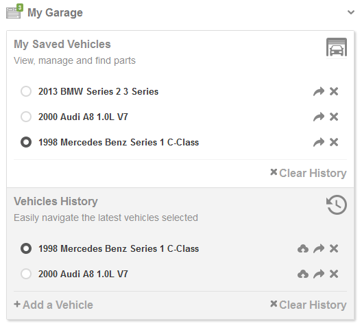 The My Garage panel showing saved vehicles and recent vehicle history