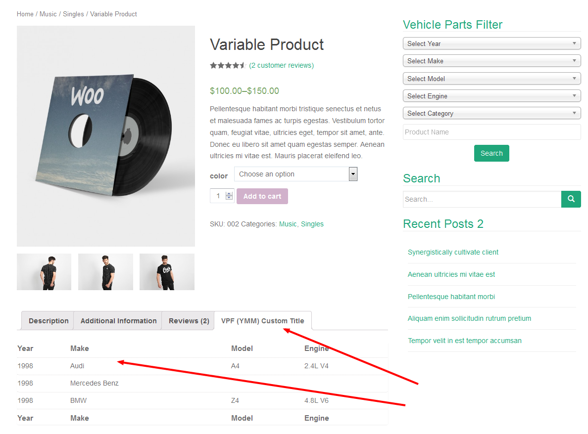 A product page with an extra tab listing compatible makes, models, years and engines